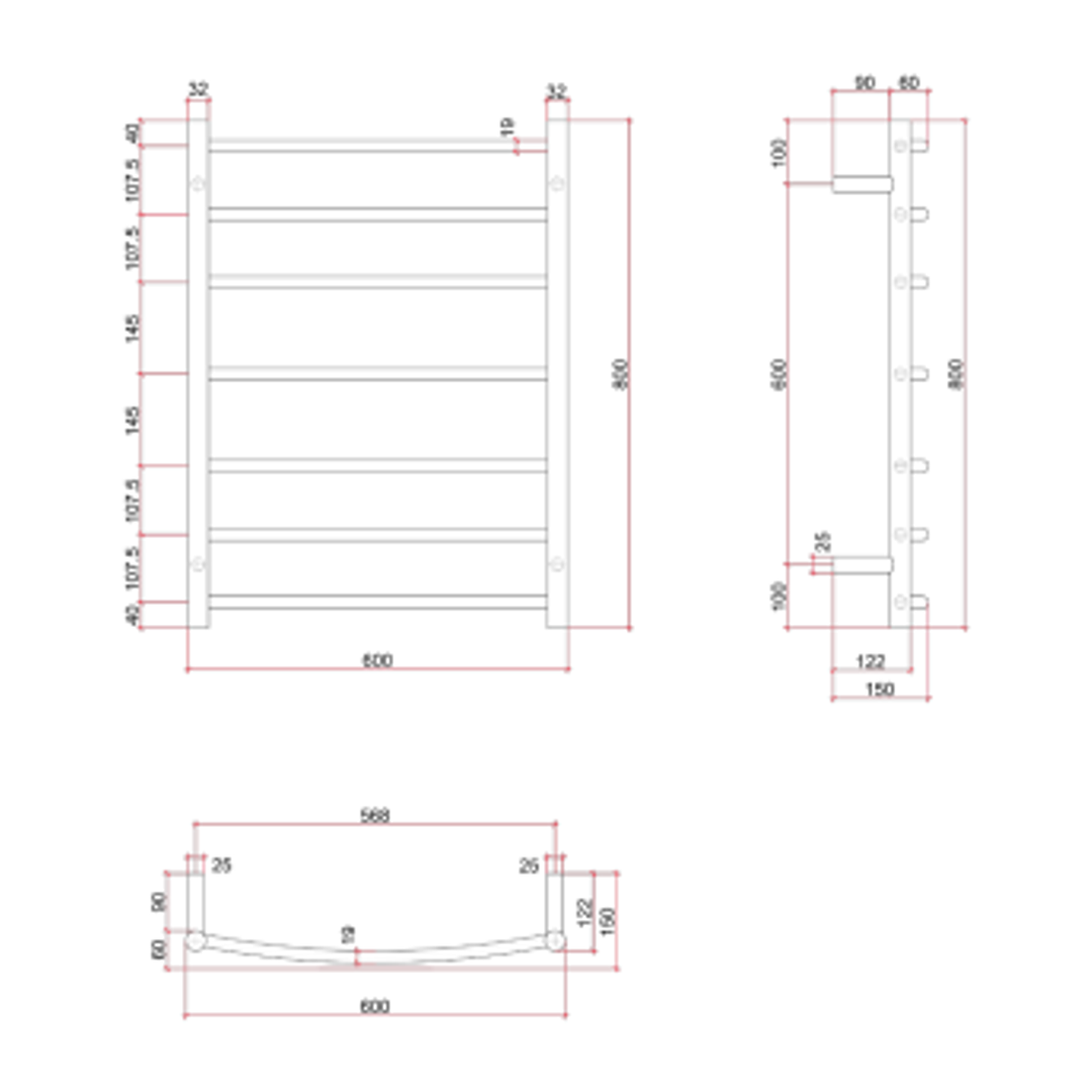 Thermorail Curved Round Polished Ladder - 600x800x150mm 80Watts 7 Bars