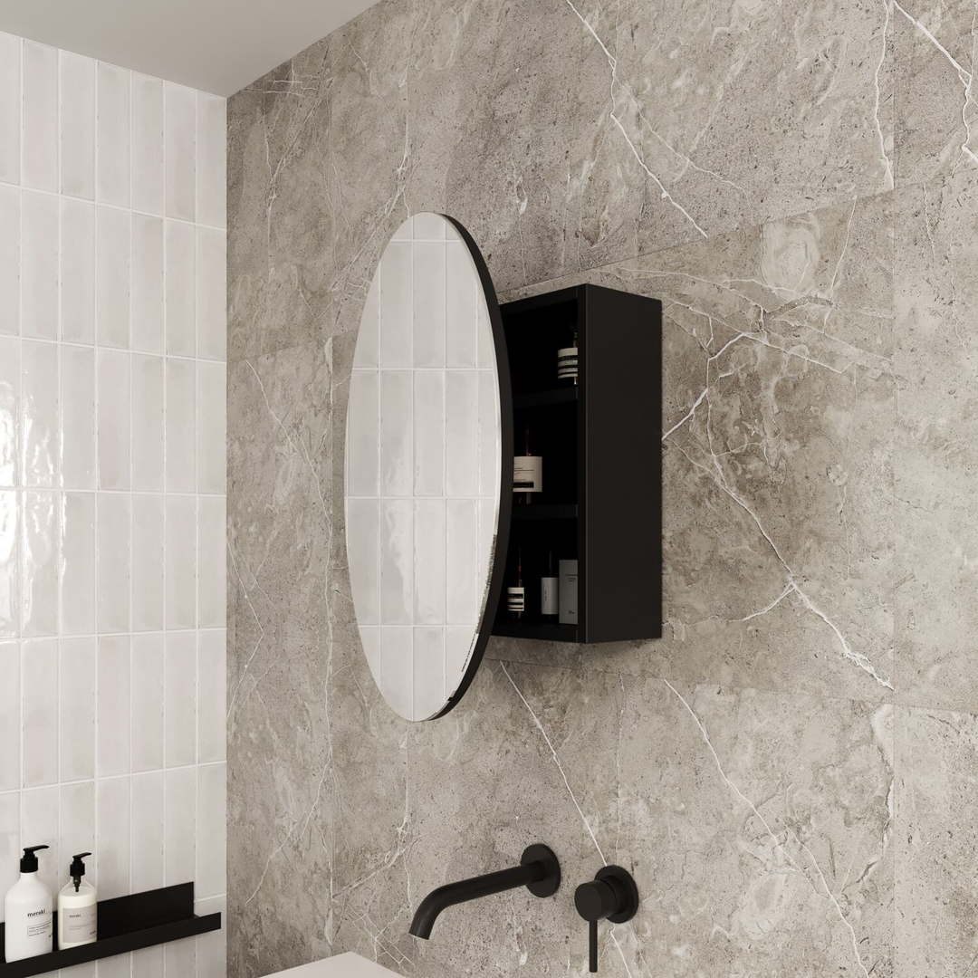 Thermogroup Chelsea Round Mirror Cabinet Black 600Mm Diam X 150Mm