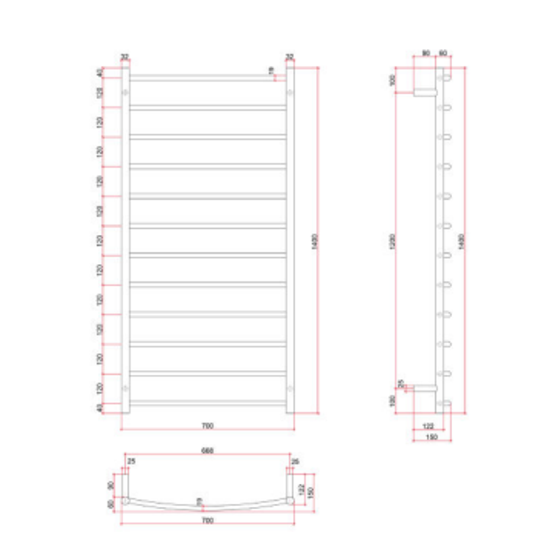 Thermorail Curved/Round 700x1400x150mm 153Watts 12 Bars