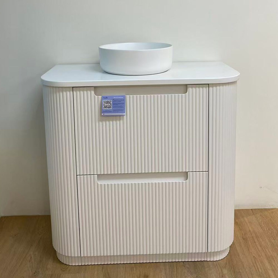 Aulic Curva Floor Standing Matt White Fluted Curved Cabinet 750X460X880mm With Snow Flat Stone Top