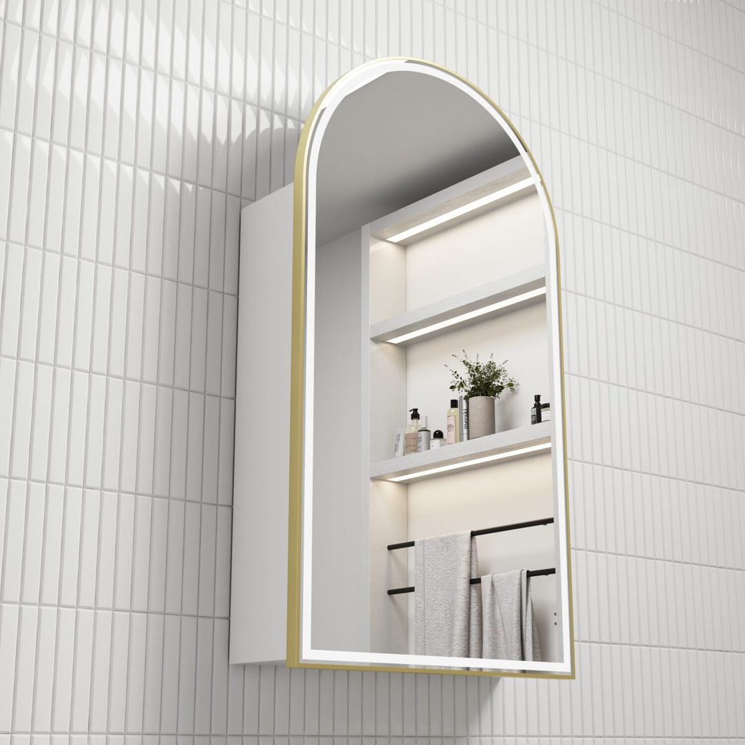 Aulic Canterbury Led Shaving Cabinet Matte White And Brushed Gold Frame