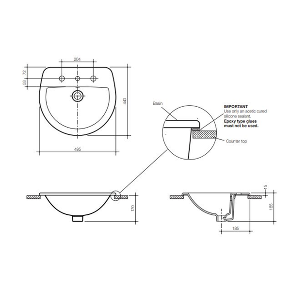Caroma Cosmo Vanity Basin 500mm X 440mm 3 Tap Hole - White