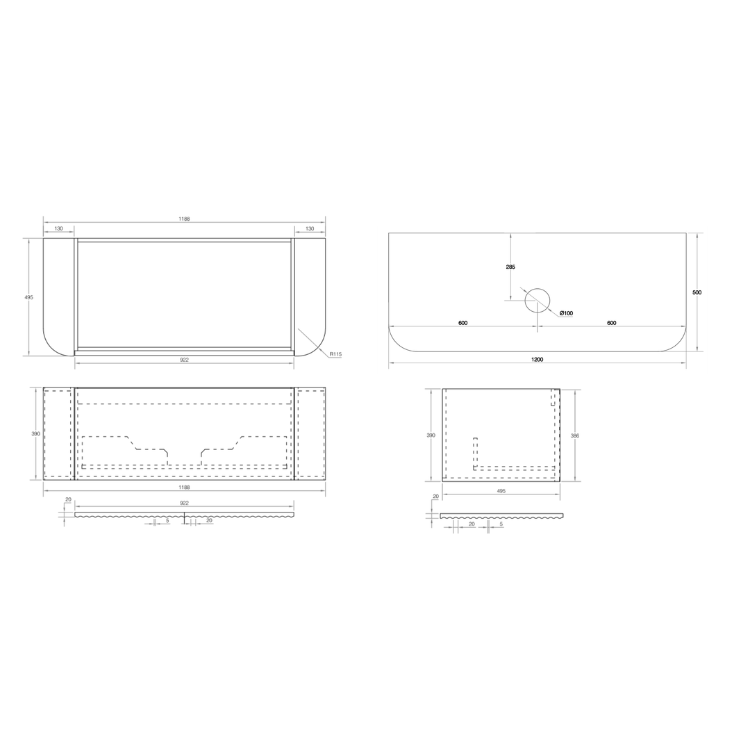 Cassa Design V-Groove 1200mm Curved Wall Hung Vanity Ultracompact Stone Top Natural Walnut