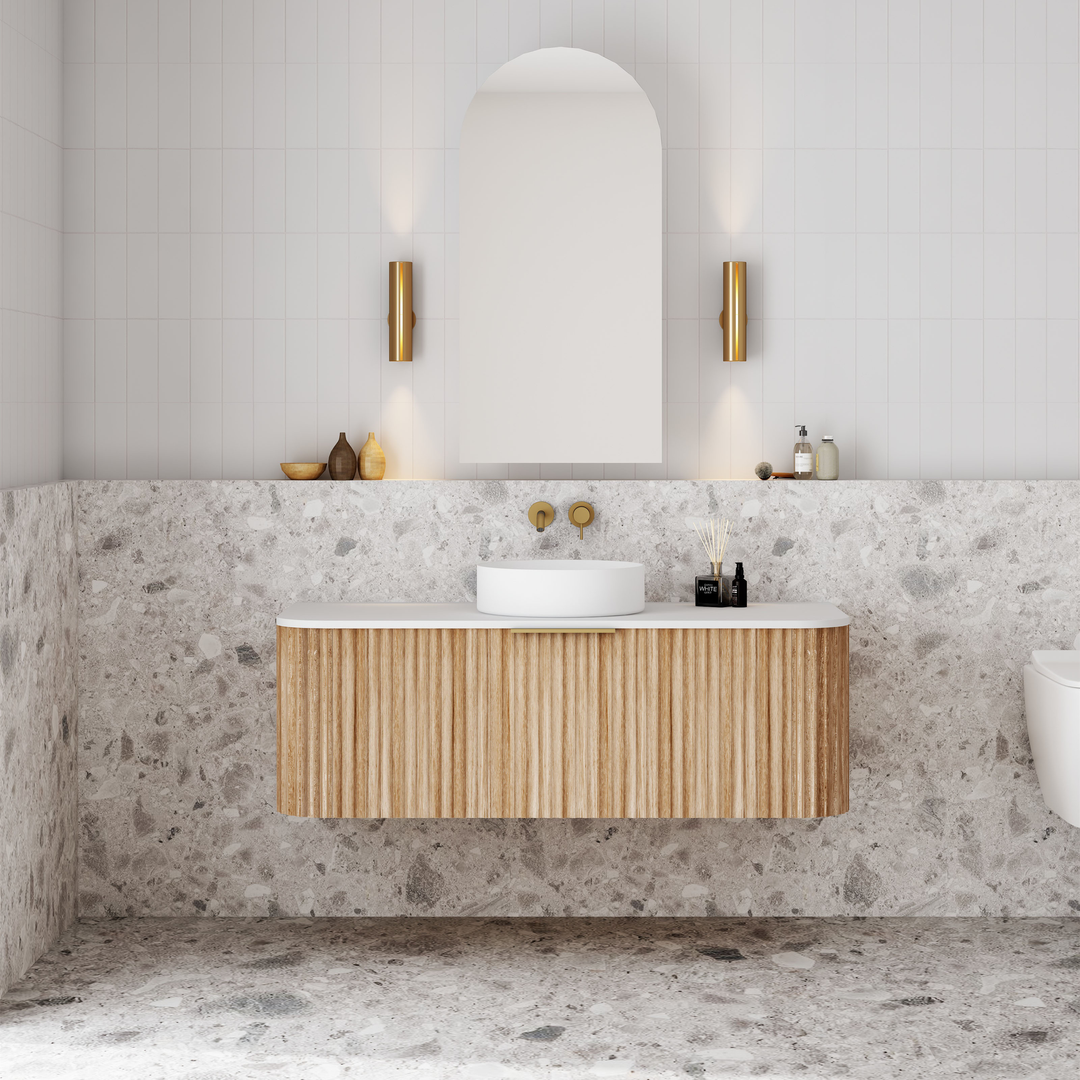 Cassa Design V-Groove 1200mm Curved Wall Hung Vanity Ultracompact Stone Top Natural Oak