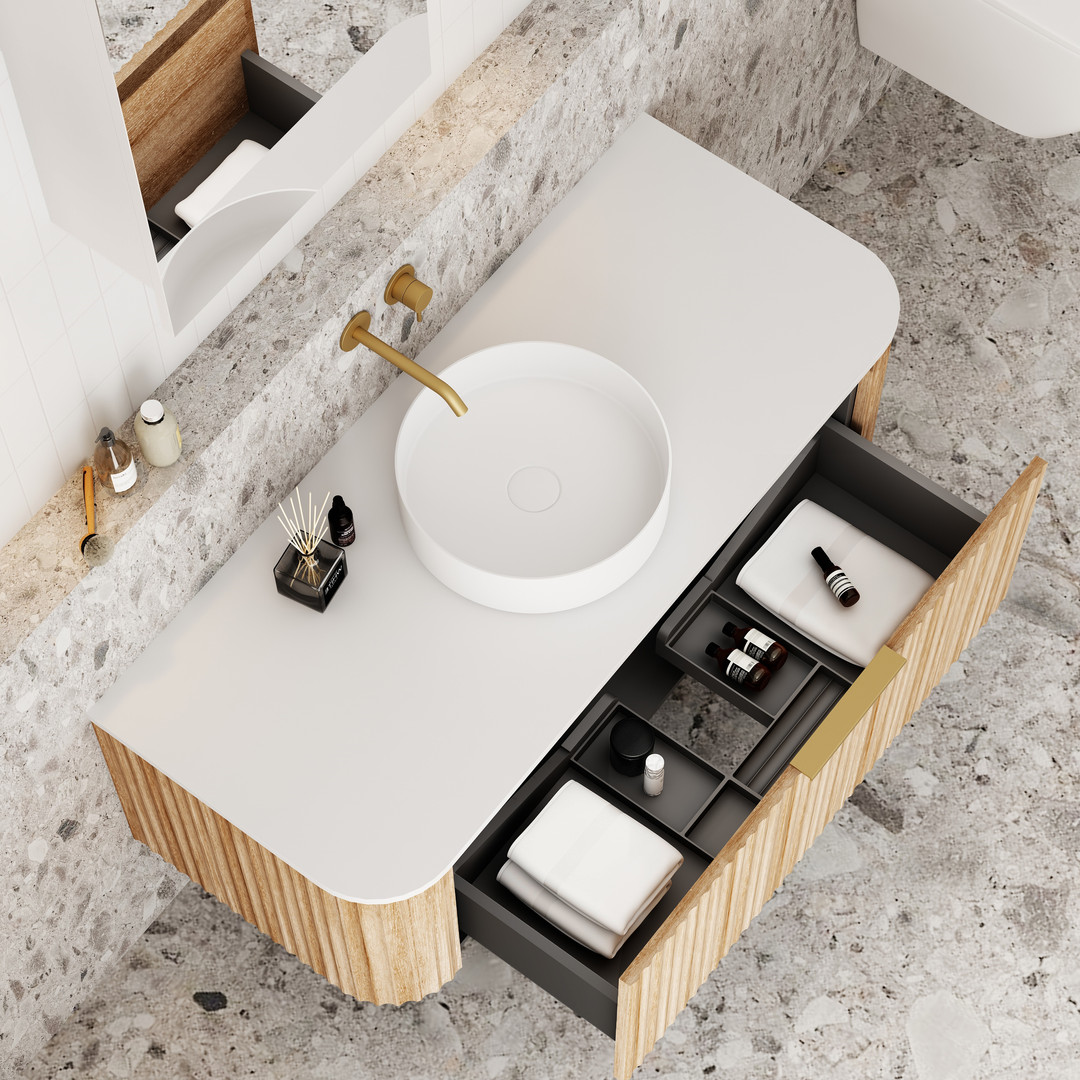 Cassa Design V-Groove 1200mm Curved Wall Hung Vanity Ultracompact Stone Top Natural Oak