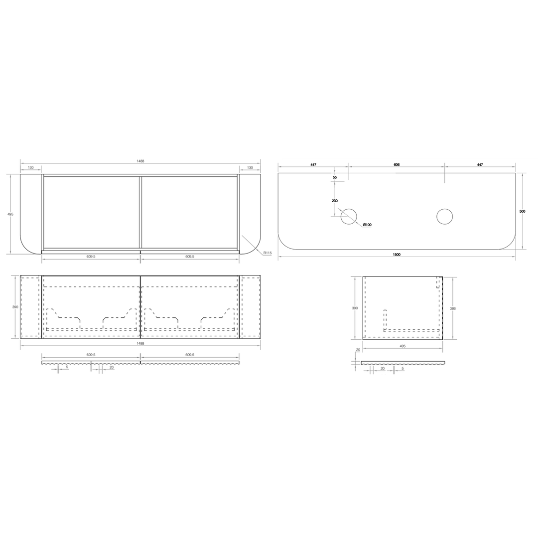 Cassa Design V-Groove 1500mm Curved Wall Hung Vanity Ultracompact Stone Top Natural Walnut