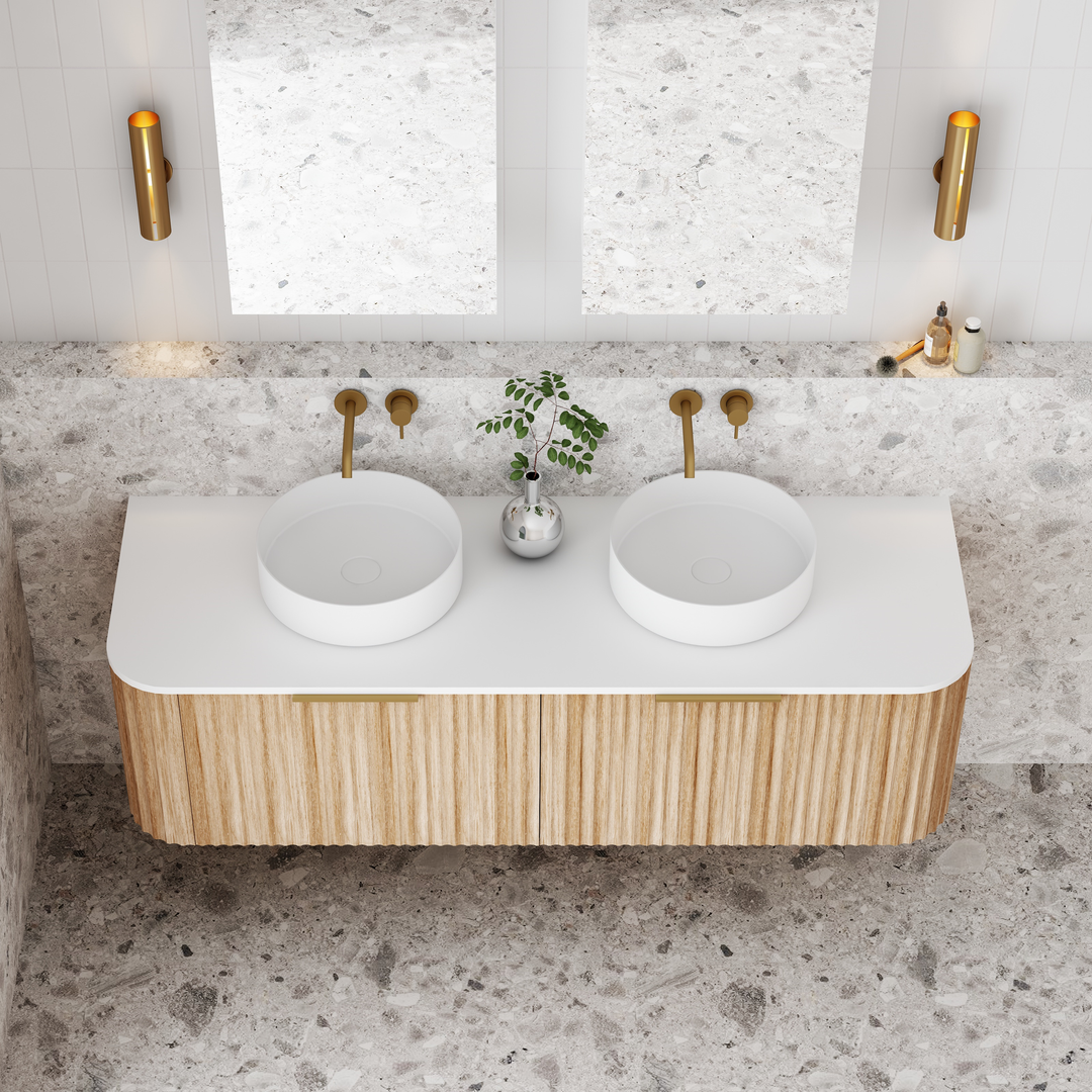 Cassa Design V-Groove 1500mm Curved Wall Hung Vanity Ultracompact Stone Top Natural Oak