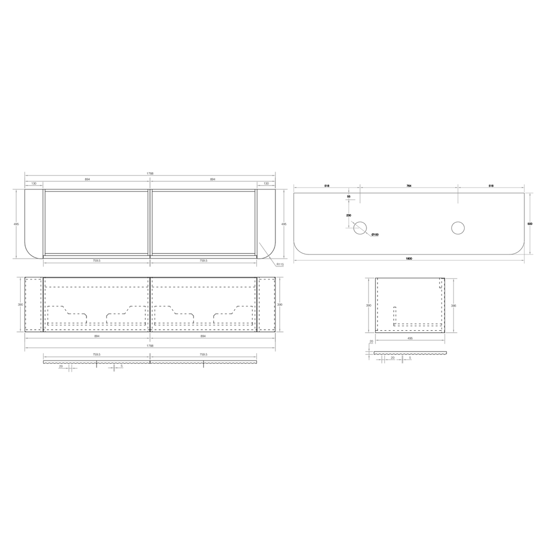 Cassa Design V-Groove 1800mm Curved Wall Hung Vanity Ultracompact Stone Top Natural Walnut