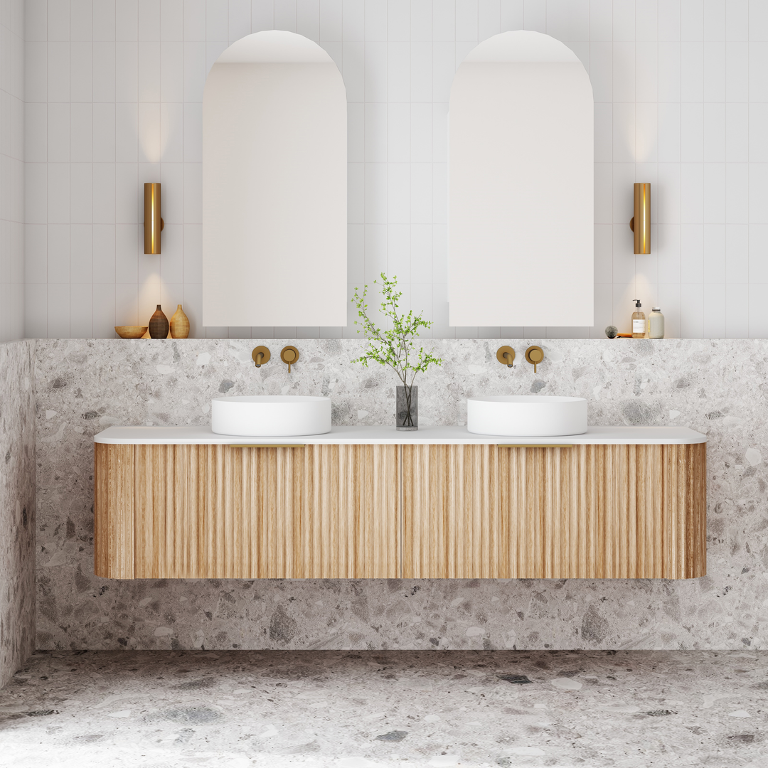 Cassa Design V-Groove 1800mm Curved Wall Hung Vanity Ultracompact Stone Top Natural Oak