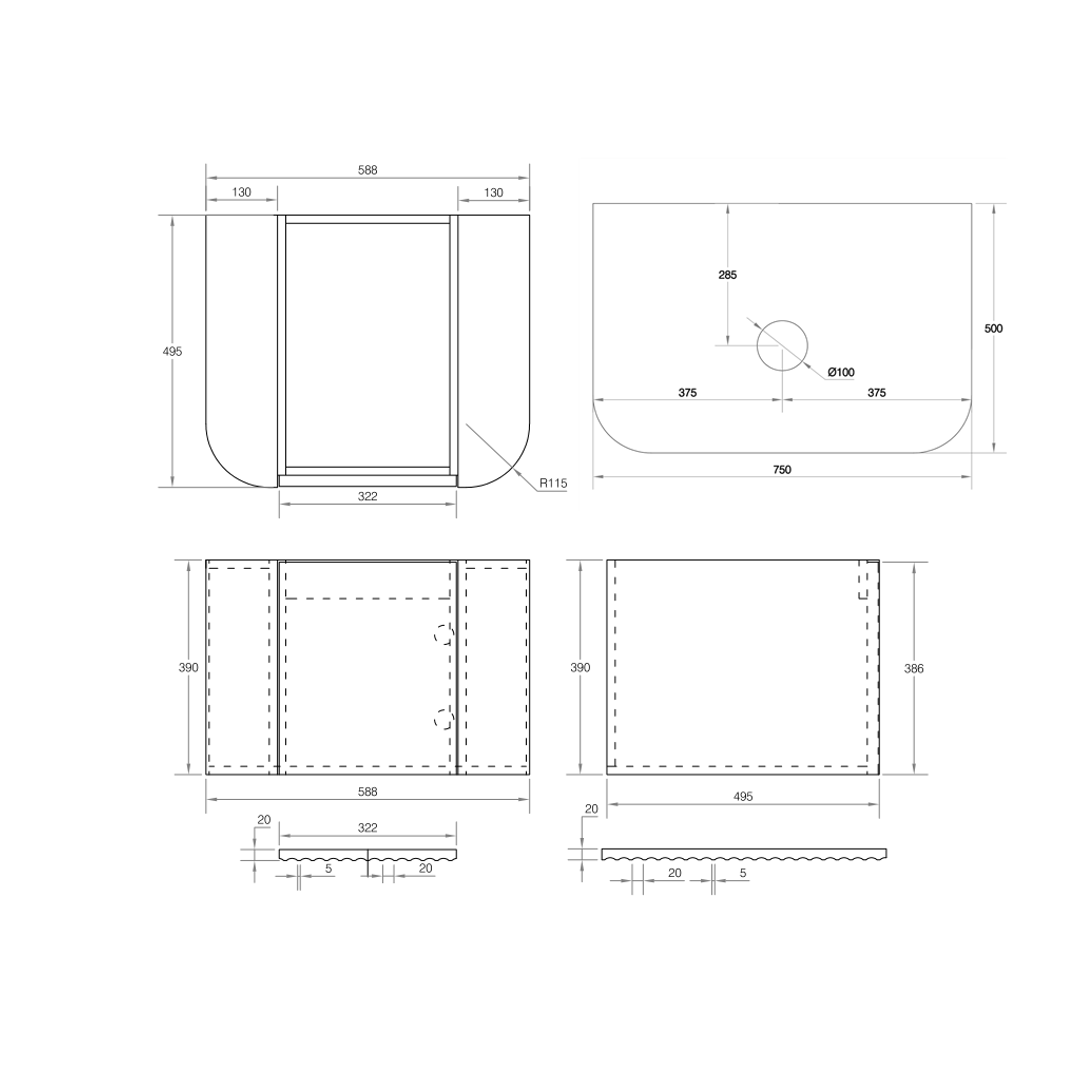 Cassa Design V-Groove 600mm Curved Wall Hung Vanity Ultracompact Stone Top Natural Walnut