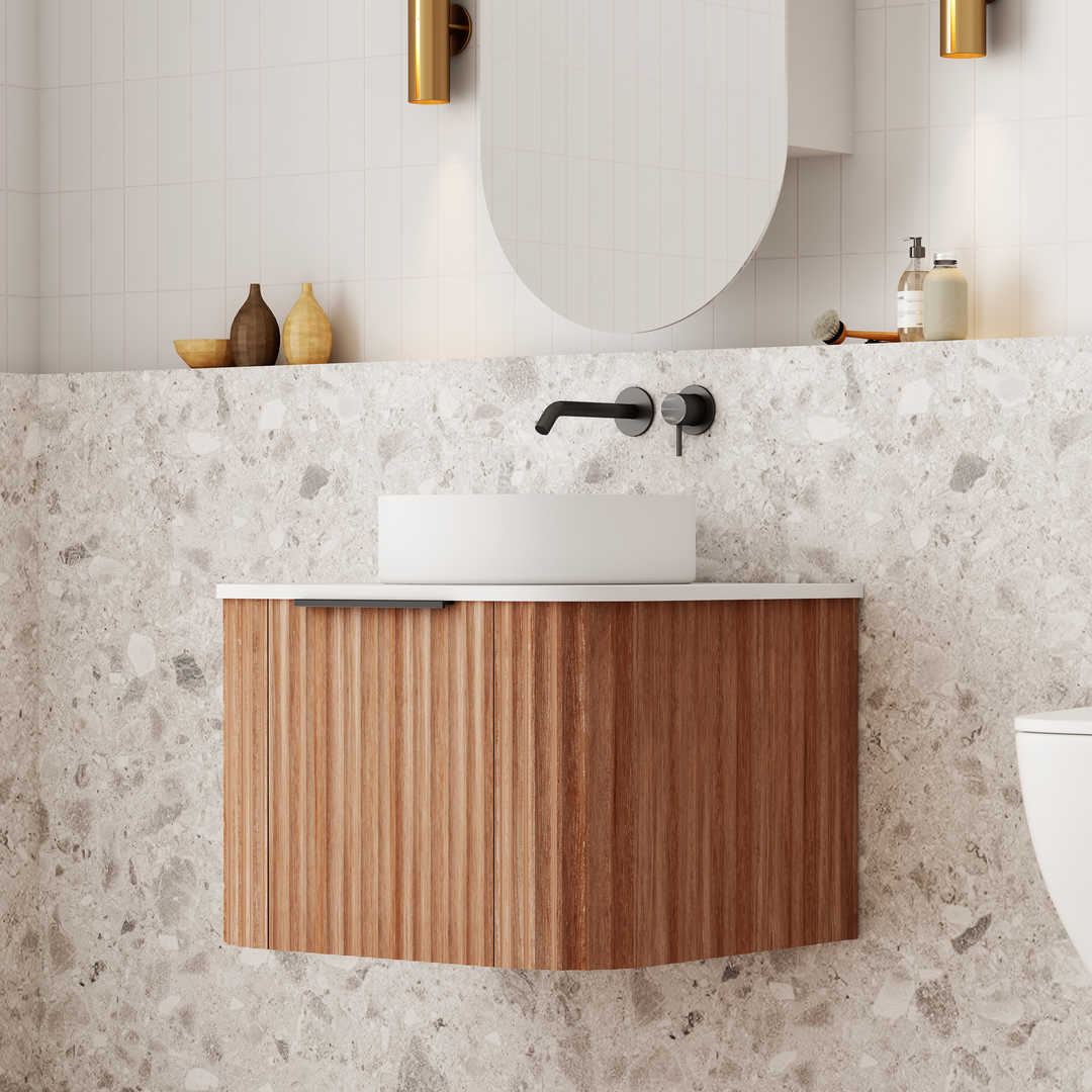 Cassa Design V-Groove 600mm Curved Wall Hung Vanity Ultracompact Stone Top Natural Walnut