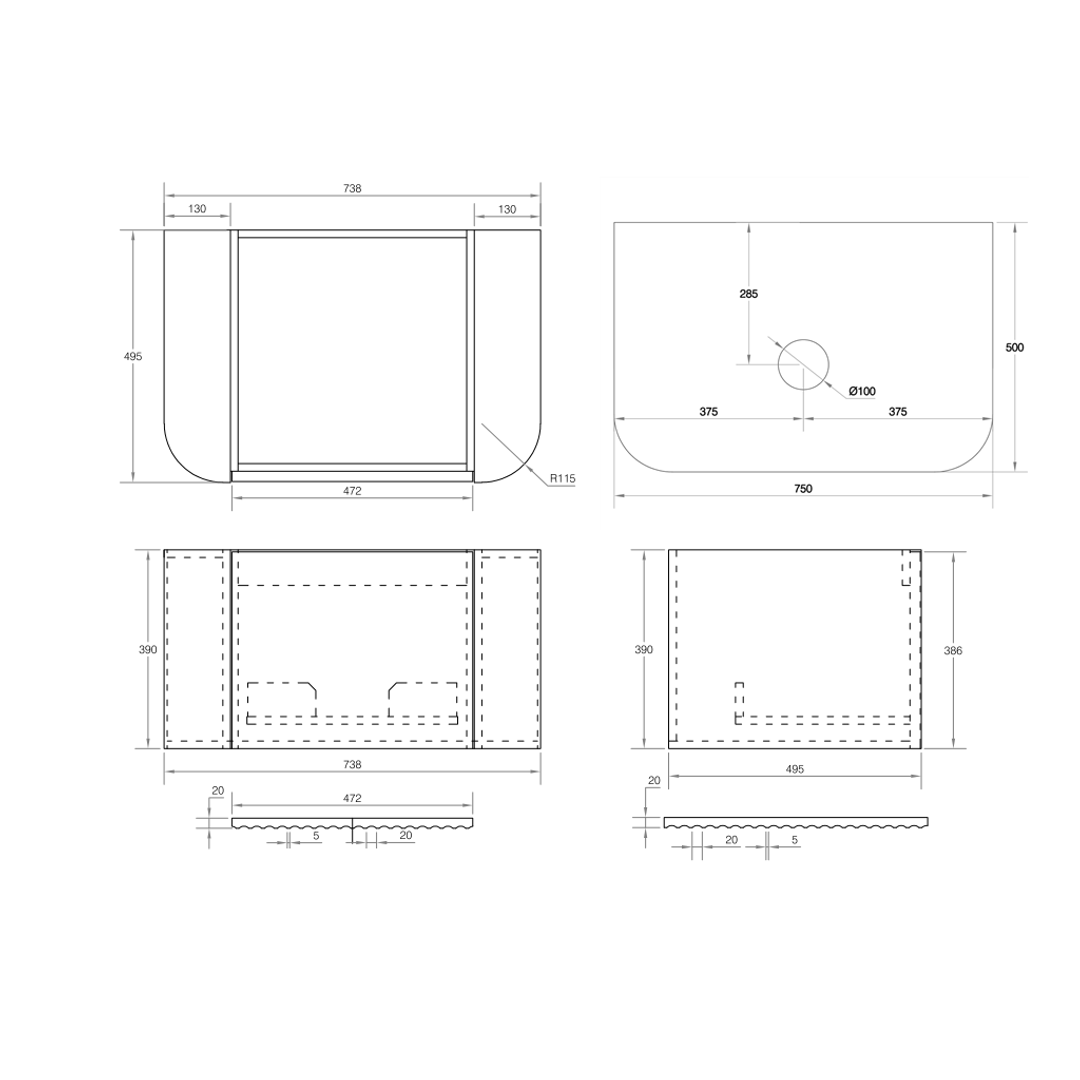 Cassa Design V-Groove 750mm Curvel Wall Hung Vanity Stone Top, Natural Oak