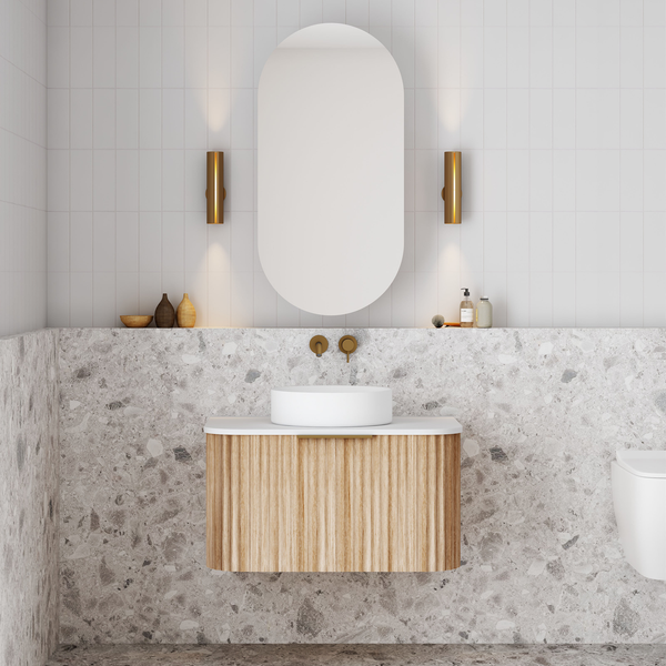 Cassa Design V-Groove 750mm Curvel Wall Hung Vanity Stone Top, Natural Oak