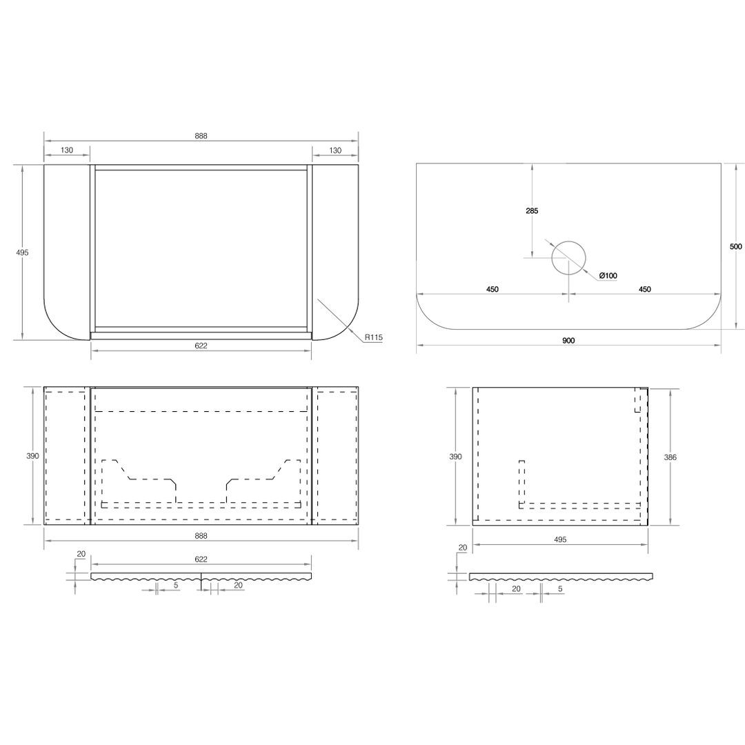 Cassa Design V-Groove 900mm Curved Wall Hung Vanity Ultracompact Stone Top Natural Walnut