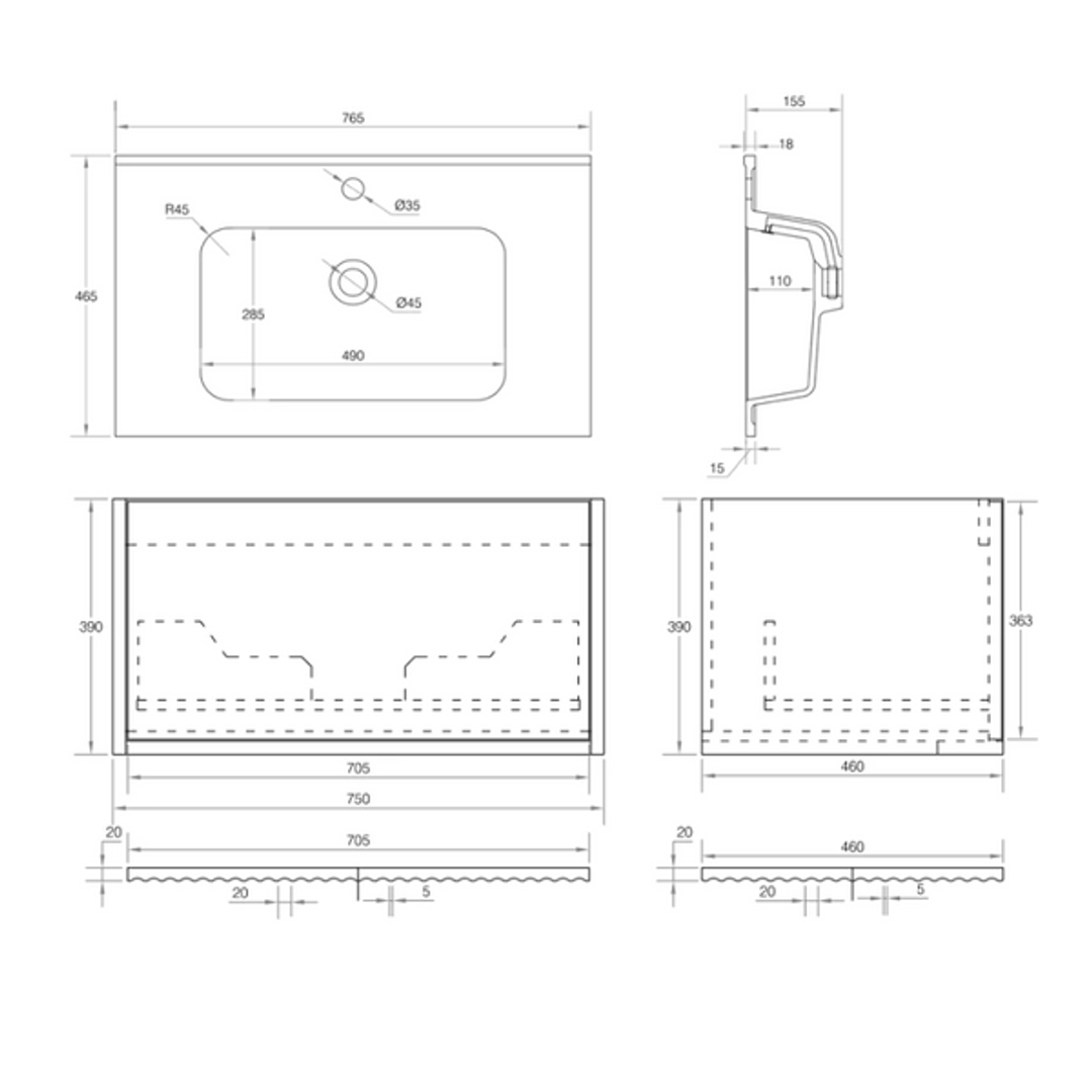 Cassa Design Capture 750mm Wall Hung Vanity Solid Surface Moulded Top Natural Walnut
