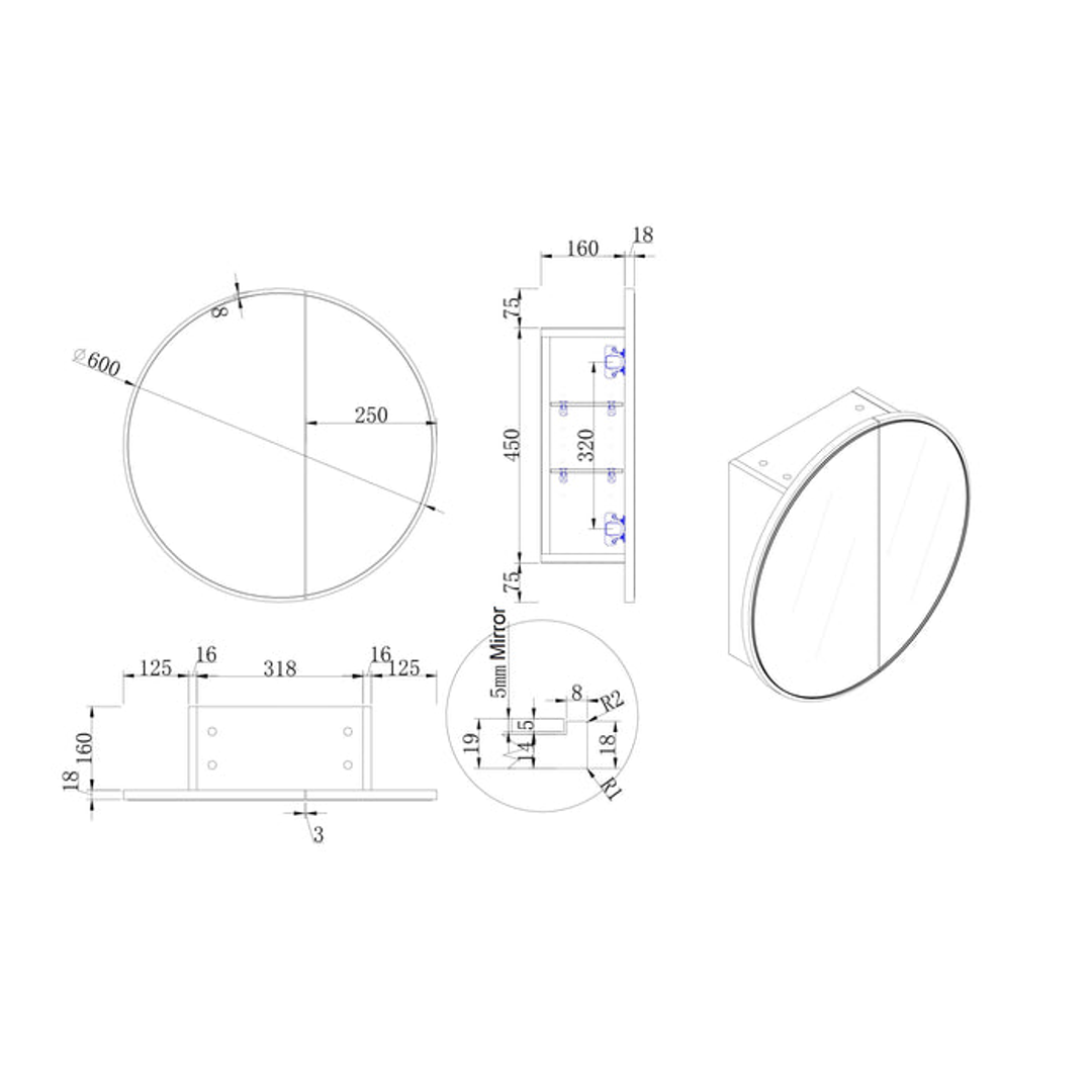 Cassa Design Auris Round Shaving Cabinet 600X600X180mm Matte White