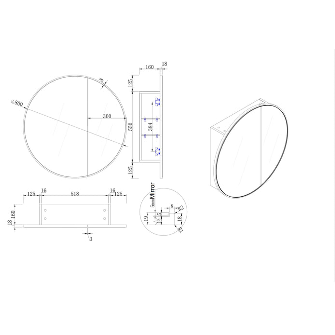 Cassa Design Auris Round Shaving Cabinet 800X800X180mm Matte Black