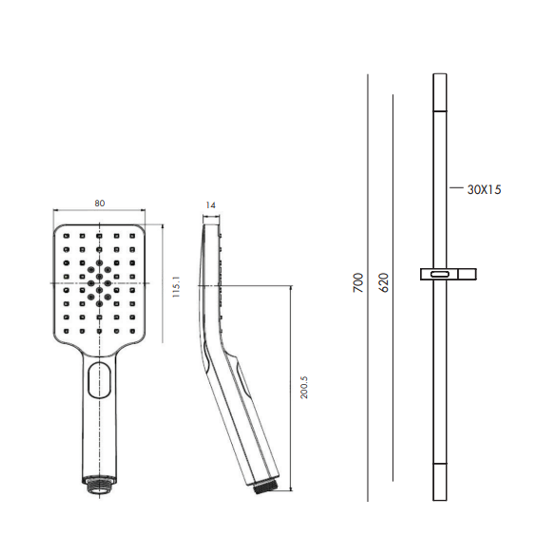 Collis Bakara 3F Rect Hand Shower On Flat Sliding Rail Matte Black H11013B-T1Sb