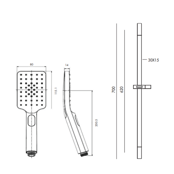 Collis Bakara 3F Rect Hand Shower On Flat Sliding Rail Matte Black H11013B-T1Sb