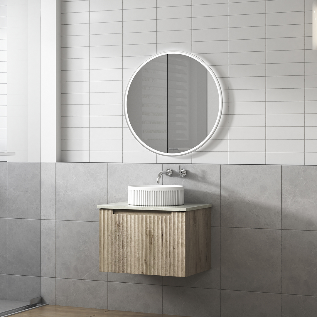 Aulic Calder Wall Hung Wave Groove F/Pull Cabinet 600 With Snow Top With Undermount Basin
