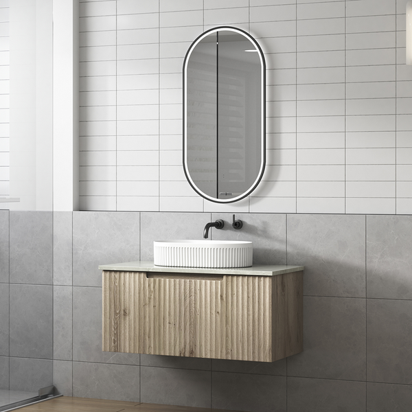 Aulic Calder Wall Hung Wave Groove Finger Pull Cabinet 900 With Cato Unermount Basin