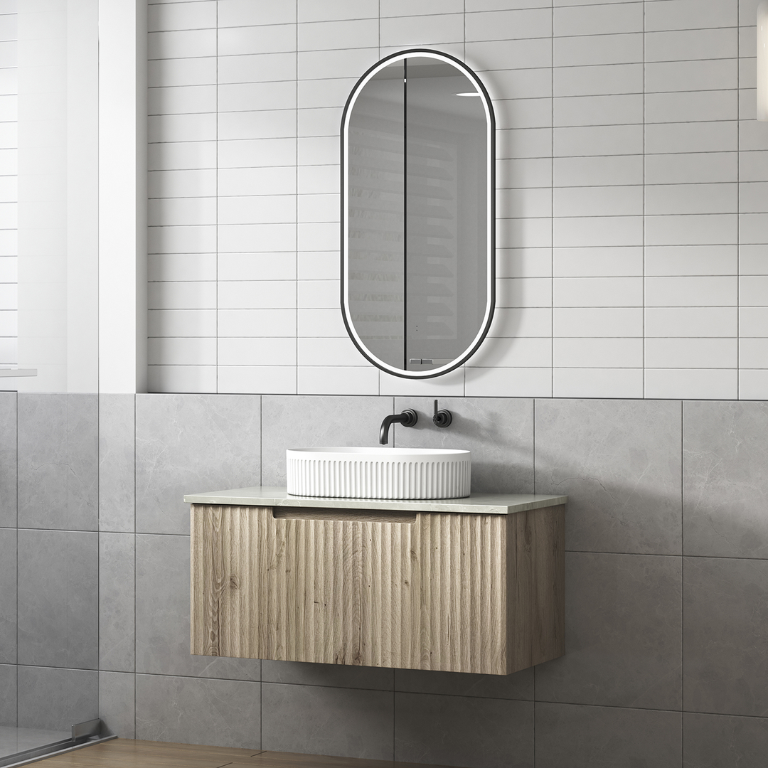 Aulic Calder Wall Hung Wave Groove Finger Pull Cabinet 900 With Cato Unermount Basin