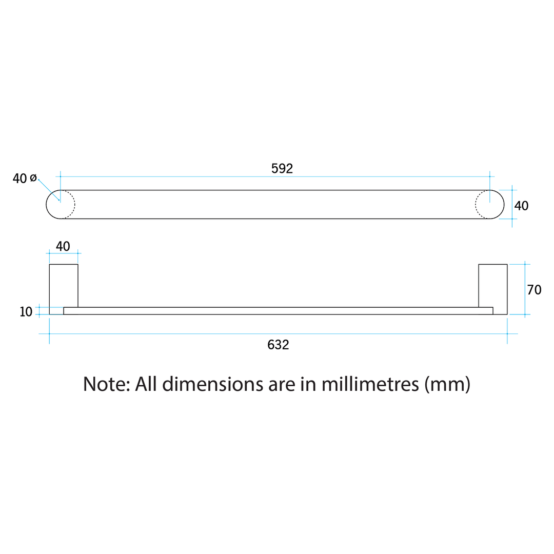 Thermorail Flat Pill Single Rail 632X40X70mm 13Watts - Polished Stainless Steel
