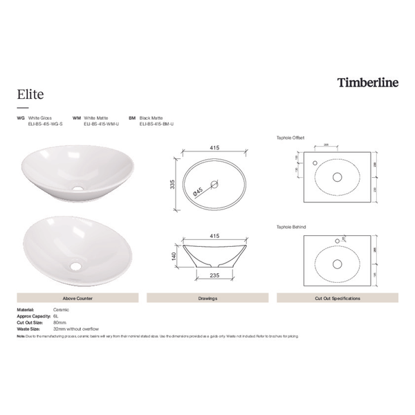 Elite Ceramic Basin(Timberln P#:Bas41El-Wg)