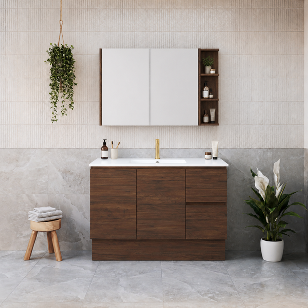 Timberline Elemental 1200Mm Floor Standing Vanity Aged Walnut Centre Bowl Alpha Top