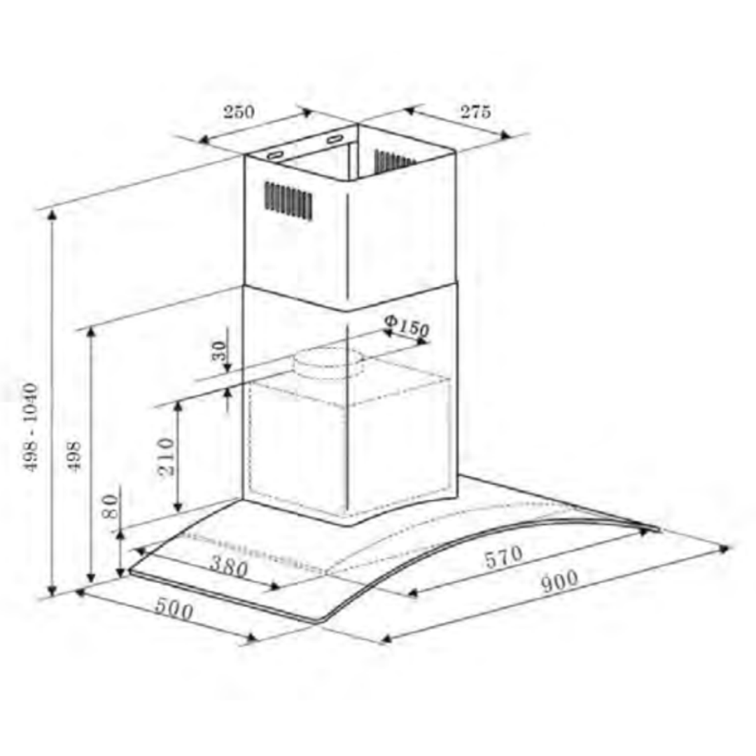 Technical dimension diagram of a rectangular wall-mounted range hood or chimney stack with a curved flue base, showing measurements in millimeters.