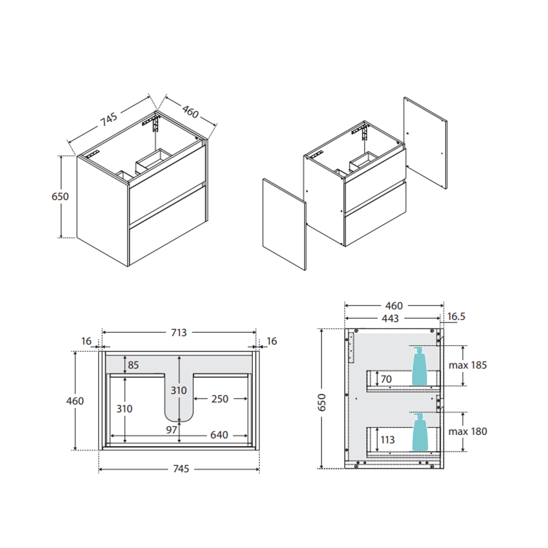 Fienza Amato Satin White 750 Wall Hung Cabinet Satin White Panels