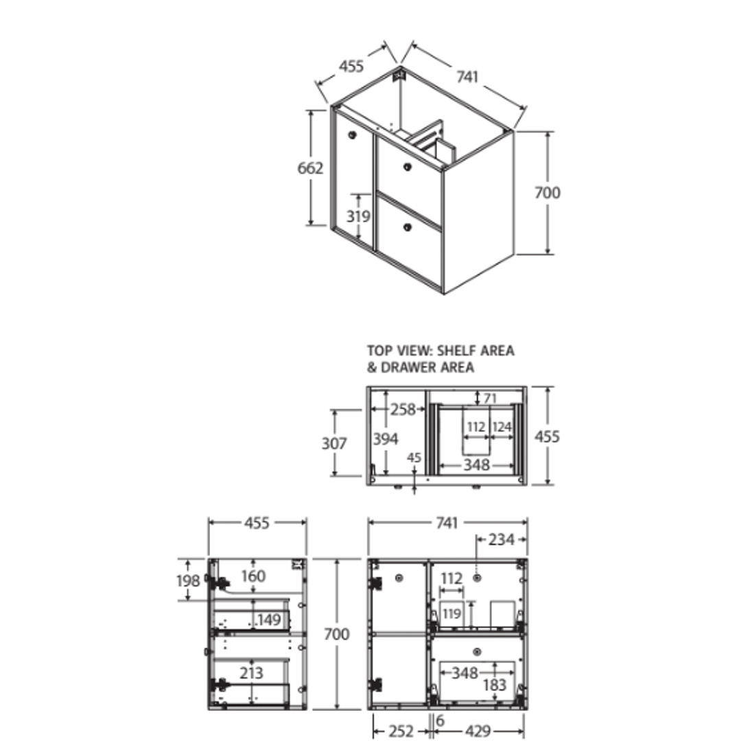 FIENZA CIERRA 750 WALL HUNG 1D/2DR RIGHT HAND DRAWERS/BOWL STANDARD STONE BASIN NOT INCL