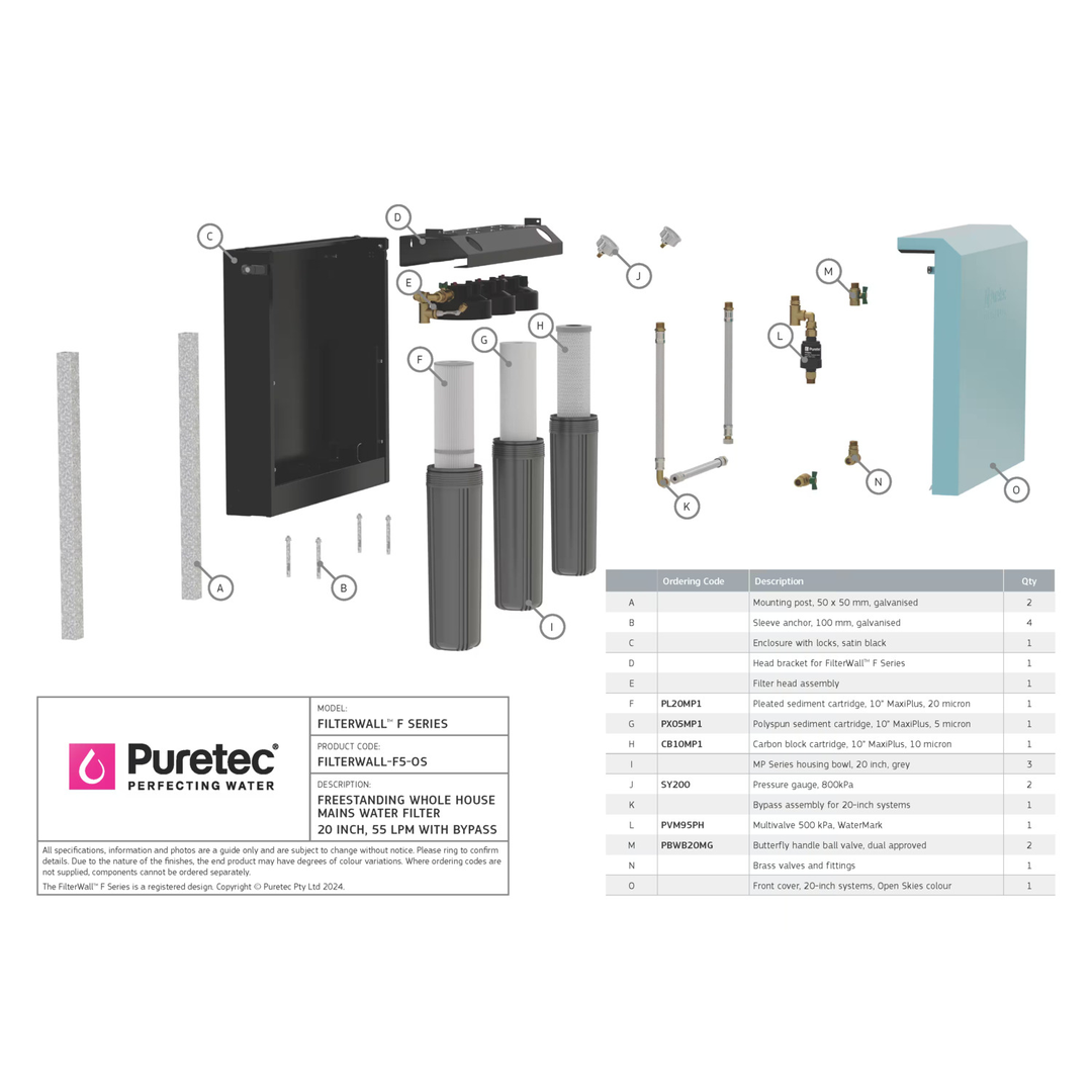 Puretec Filterwall Whole House Filtration Open Skies Front Cover 55L/Min Plumbed Bypass