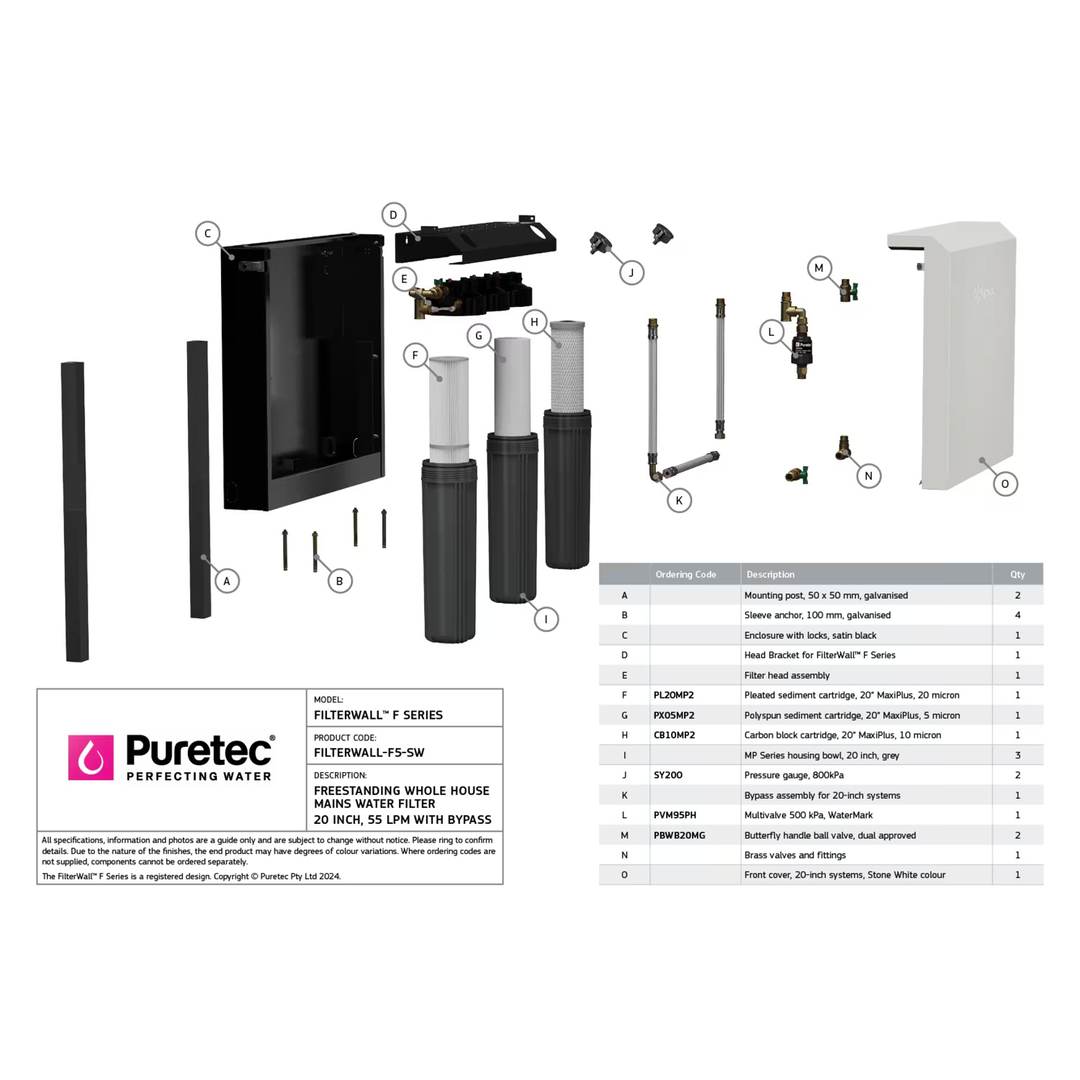 Puretec Filterwall Whole House Filtration Stone White Front Cover 55L/Min Plumbed Bypass