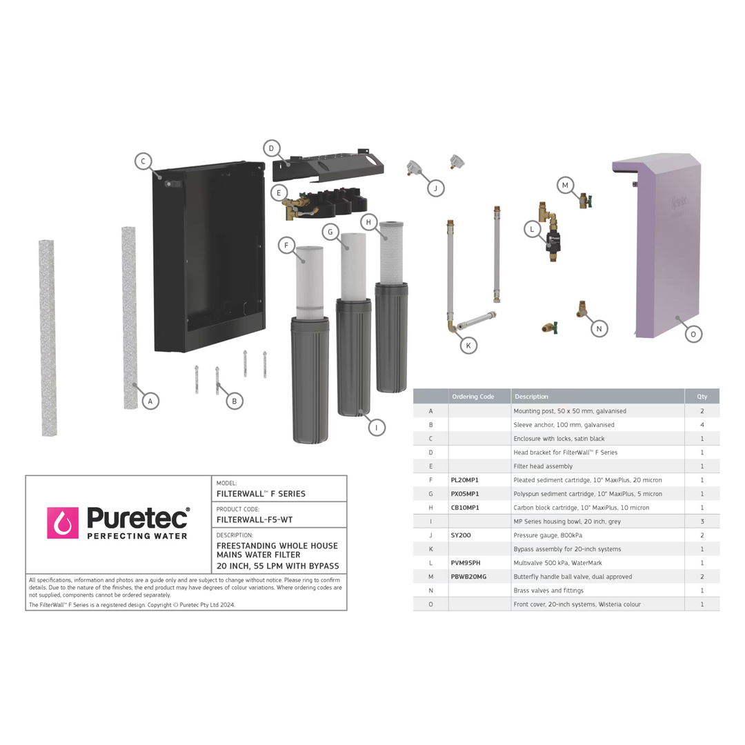 Puretec Filterwall Whole House Filtration Wisteria Front Cover 55L/Min Plumbed Bypass