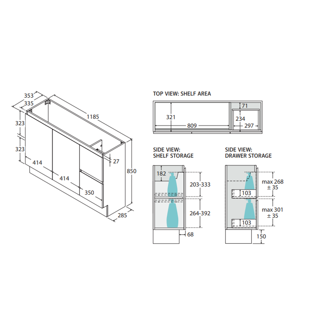 Fienza Carmen 1200 Ensuite All Drawer Floor Standing Vanity Cabinet Only