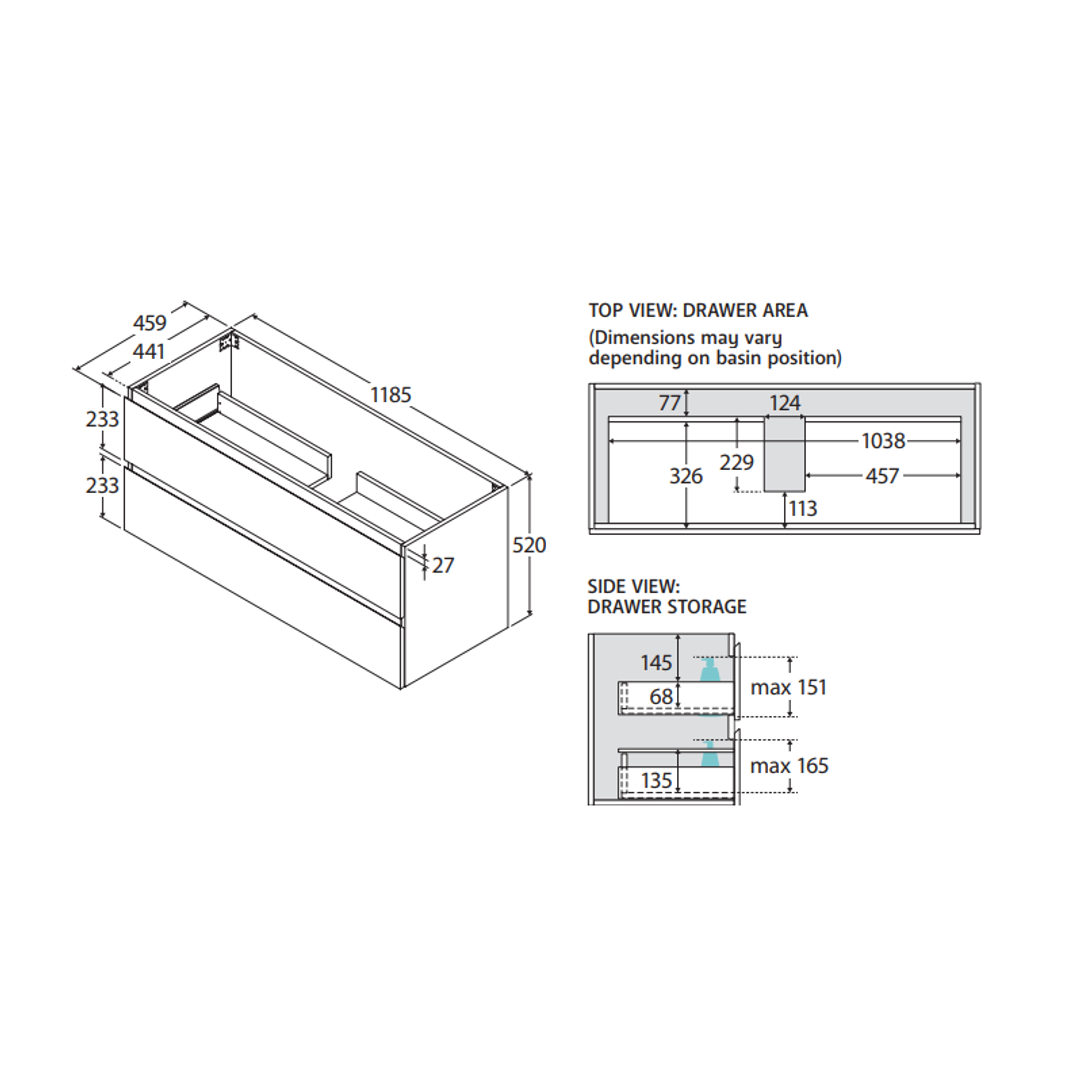 Fienza Carmen 1200 Sgl All Drawer Wall Hung Vanity Dolce Top