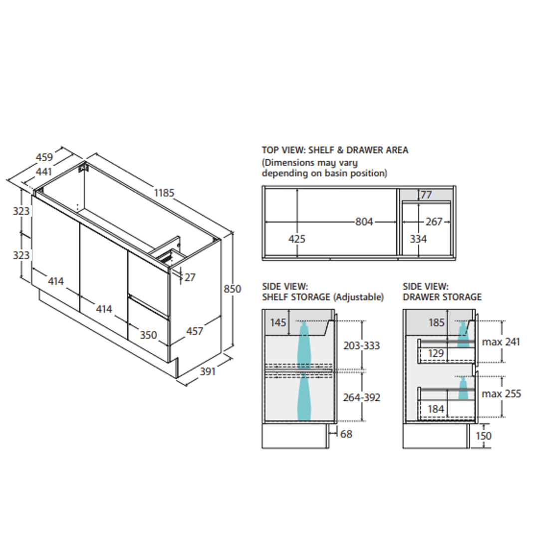 Fienza Carmen 1200 Sgl Floor Standing Vanity 2D/2Dr Satori Concrete