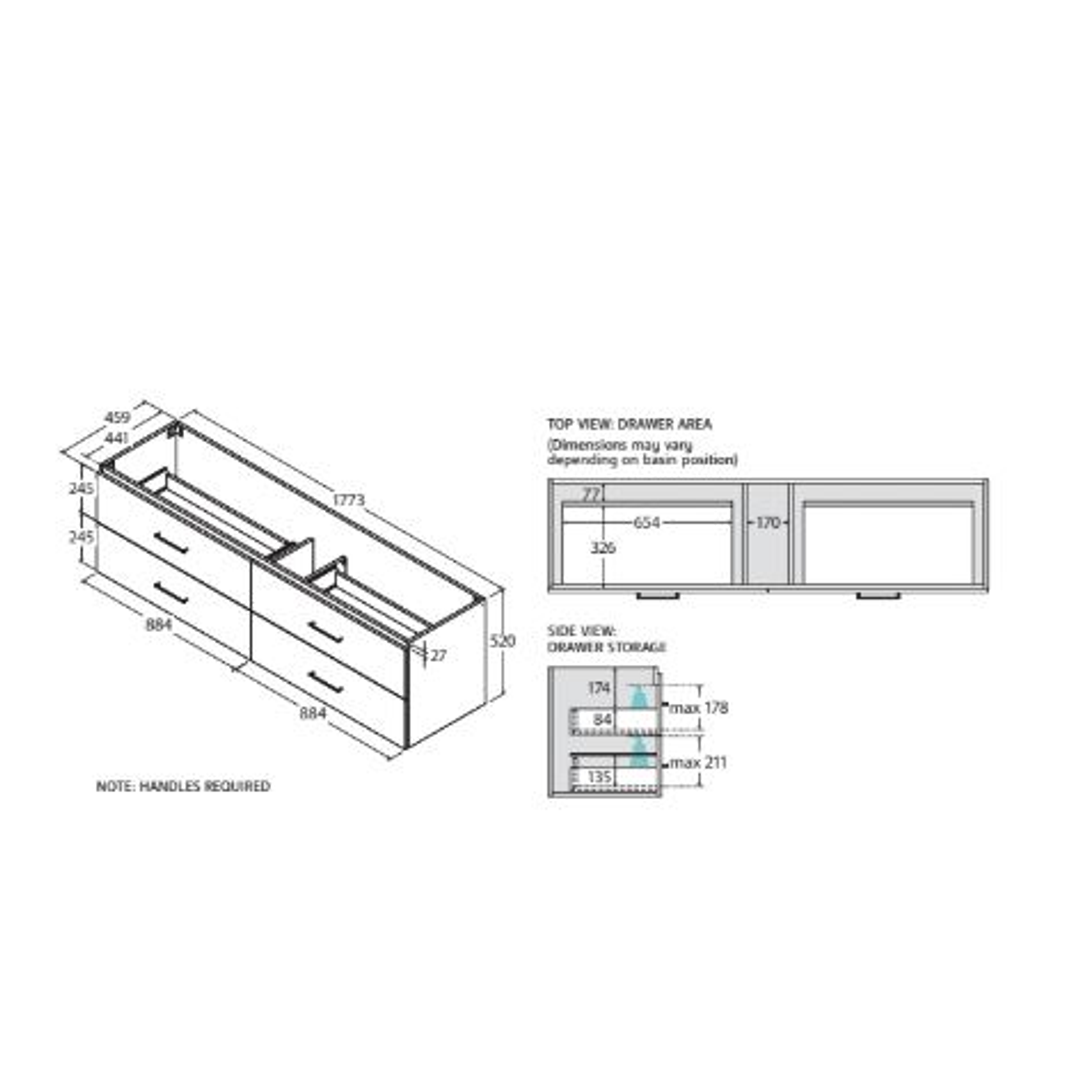 Fienza Carmen 1800 Sgl All Drawer Wall Hung Vanity Premium Stone Basin Not Inc