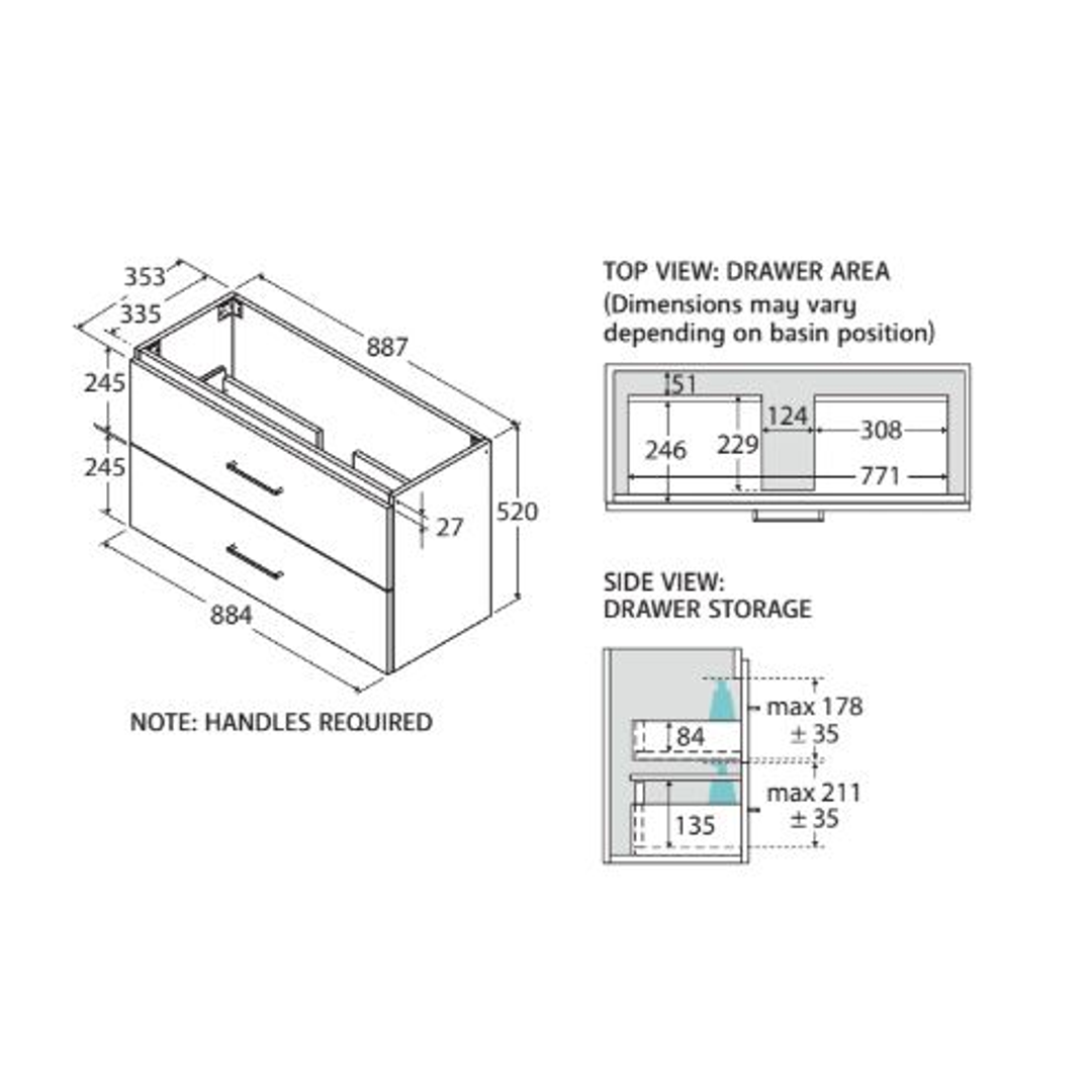 Fienza Carmen 900 Ensuite All Drawer Wall Hung Vanity Std Stone Basin Not Inc A/C Only