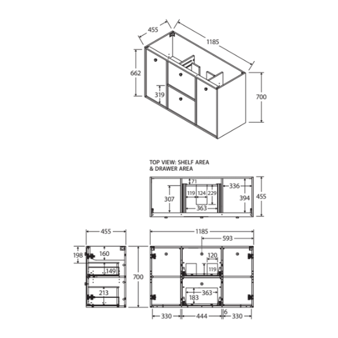 Fienza Cierra 1200 Wall Hung 2D/2Dr Double Bowl Cabinet Only
