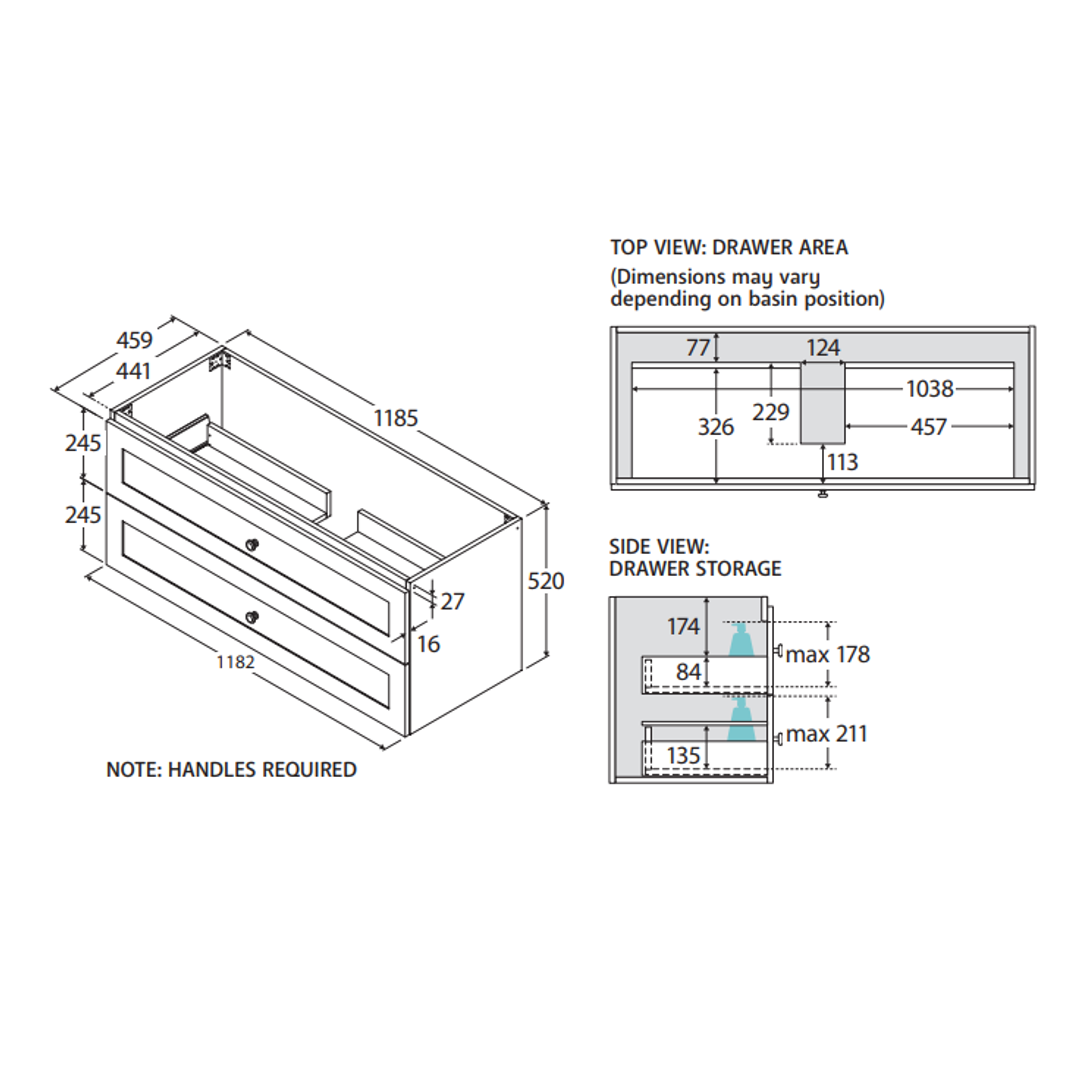 Fienza Newport 1200 Sgl All Drawer Wall Hung Vanity Ocean Top
