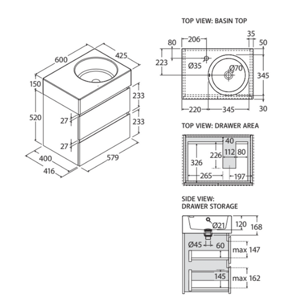 Fienza Reba 600 All Drawer Wall Hung With Right Bowl Basin