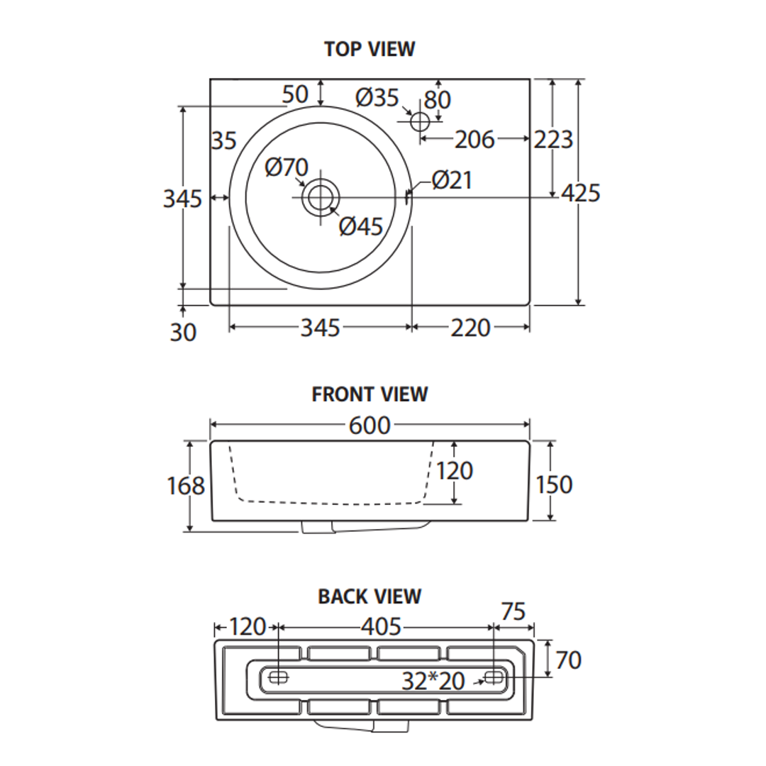 Fienza Reba Wall Basin Left Bowl - No Tap Hole