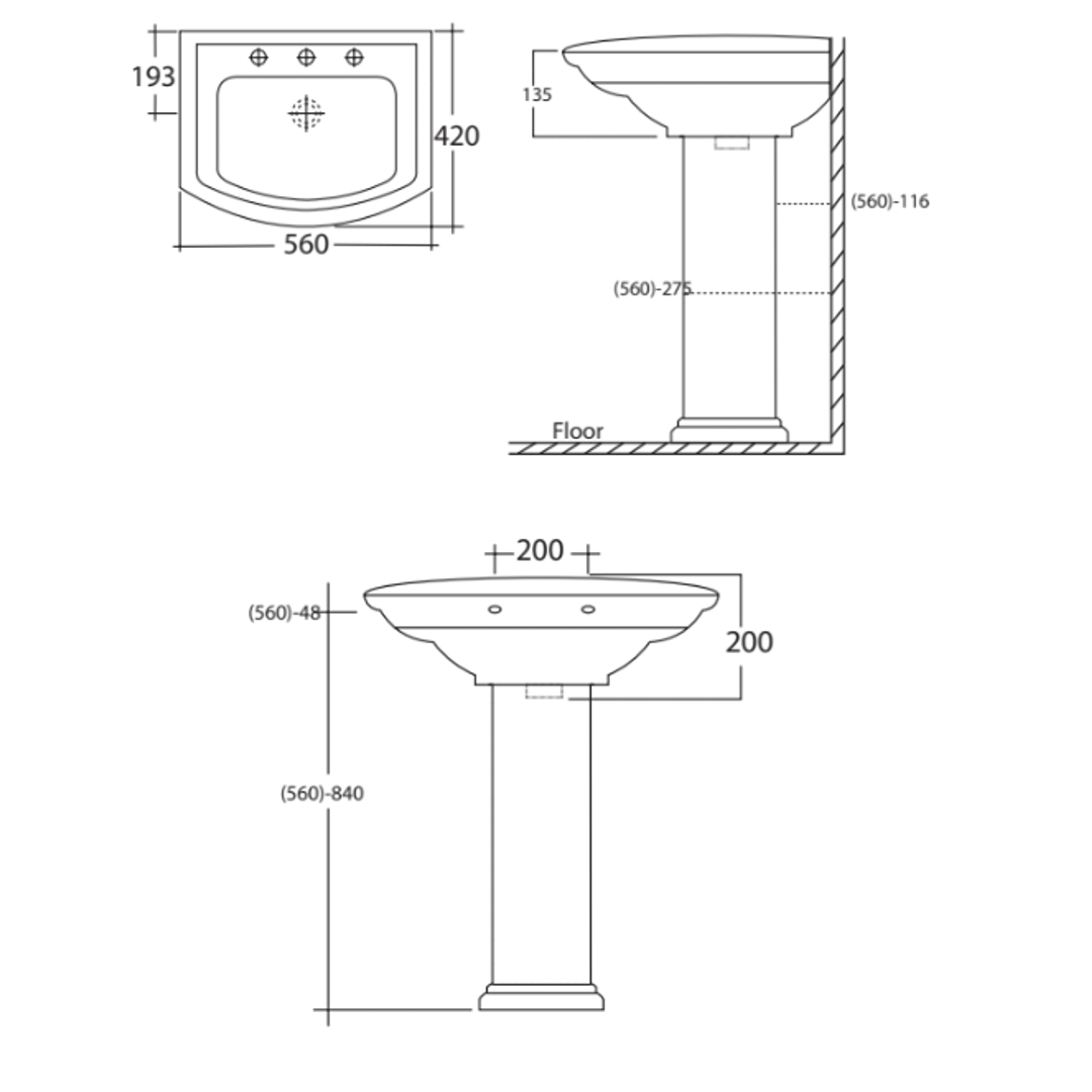 Fienza Washington 560 Wall Basin With Pedestal 560X420mm 1 Tap Hole White