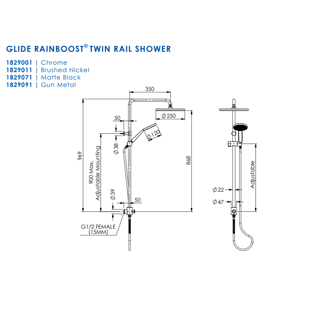 Greens Glide Rainboost Twin Rail Shower Chrome 1829001