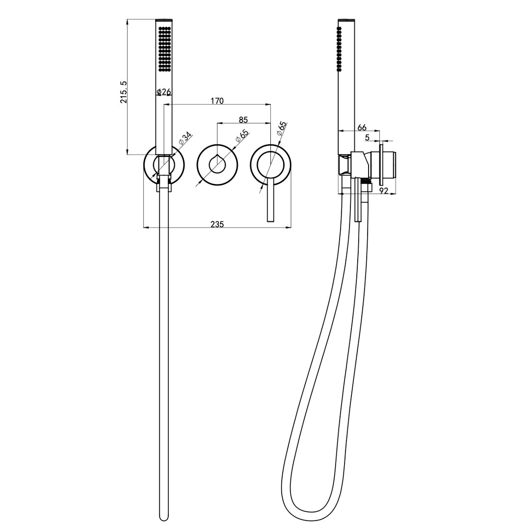 Linsol Gigi S3 3-Plate Wall Mixer With Hand Shower Trim Kit Matte Black