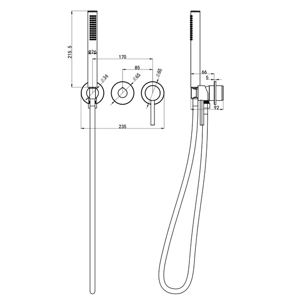 Linsol Gigi S3 3-Plate Wall Mixer With Hand Shower Trim Kit Matte Black