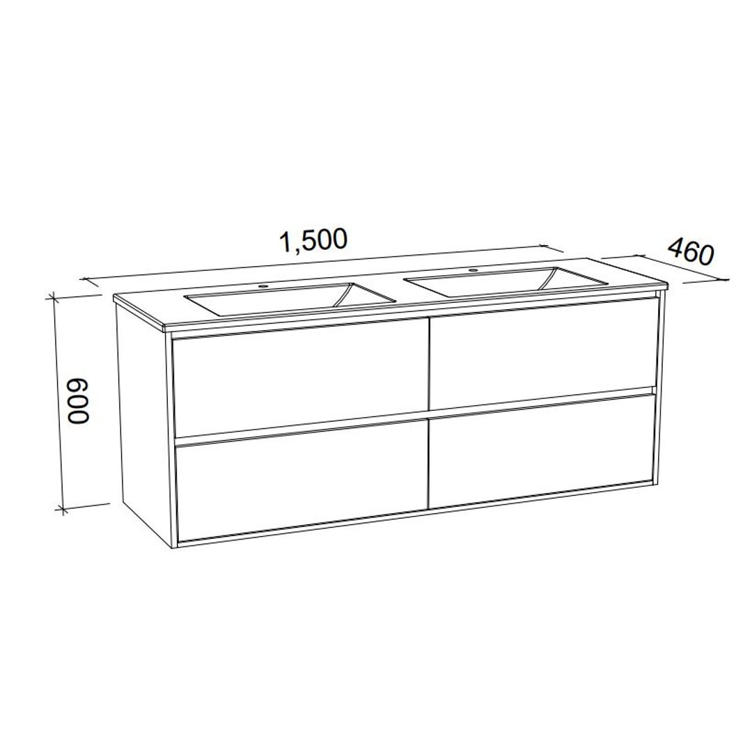 Timberline Grange Vanity 1500mm Double Wg Basins Silksurface Ac Top Wall Hung