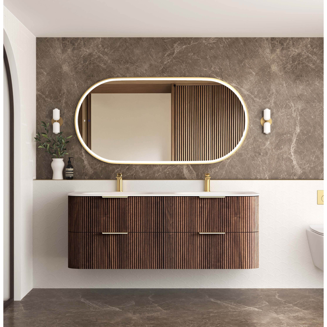 Otti Hanava 1500 Sable Walnut Fluted Fluted Wall Hung Curve Vanity With Chloe Silk Top